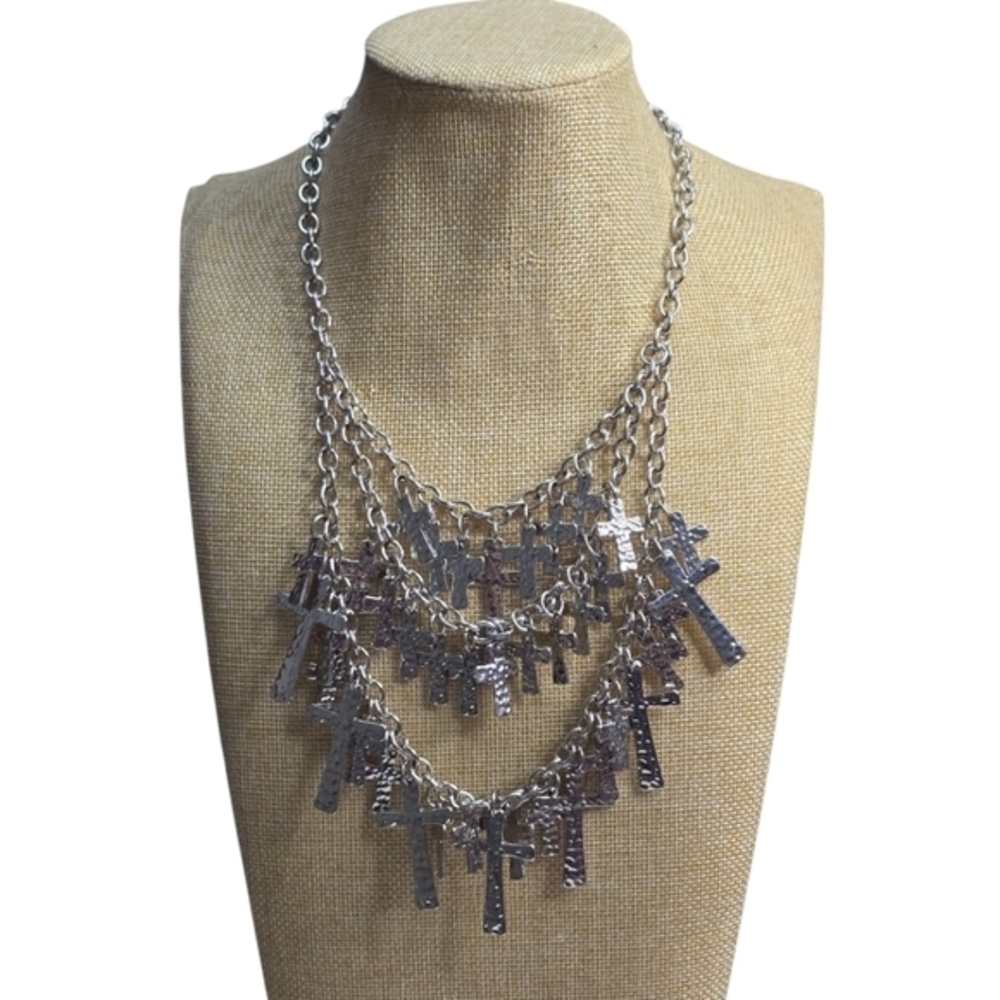 Treska Silver Multi Strand Hammered Cross Bib Statement Necklace Gothic Tiered